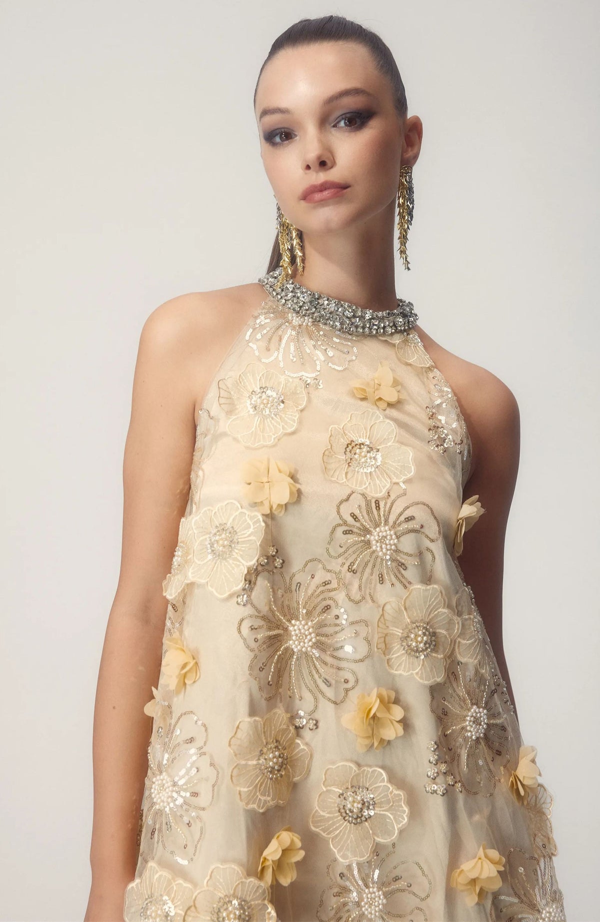 Ella Halter Flower Embroidered Sequins Mini-Length Dress