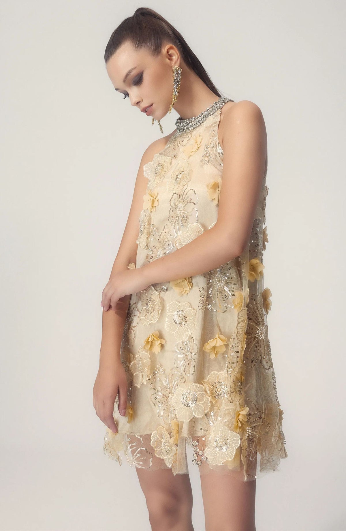 Ella Halter Flower Embroidered Sequins Mini-Length Dress