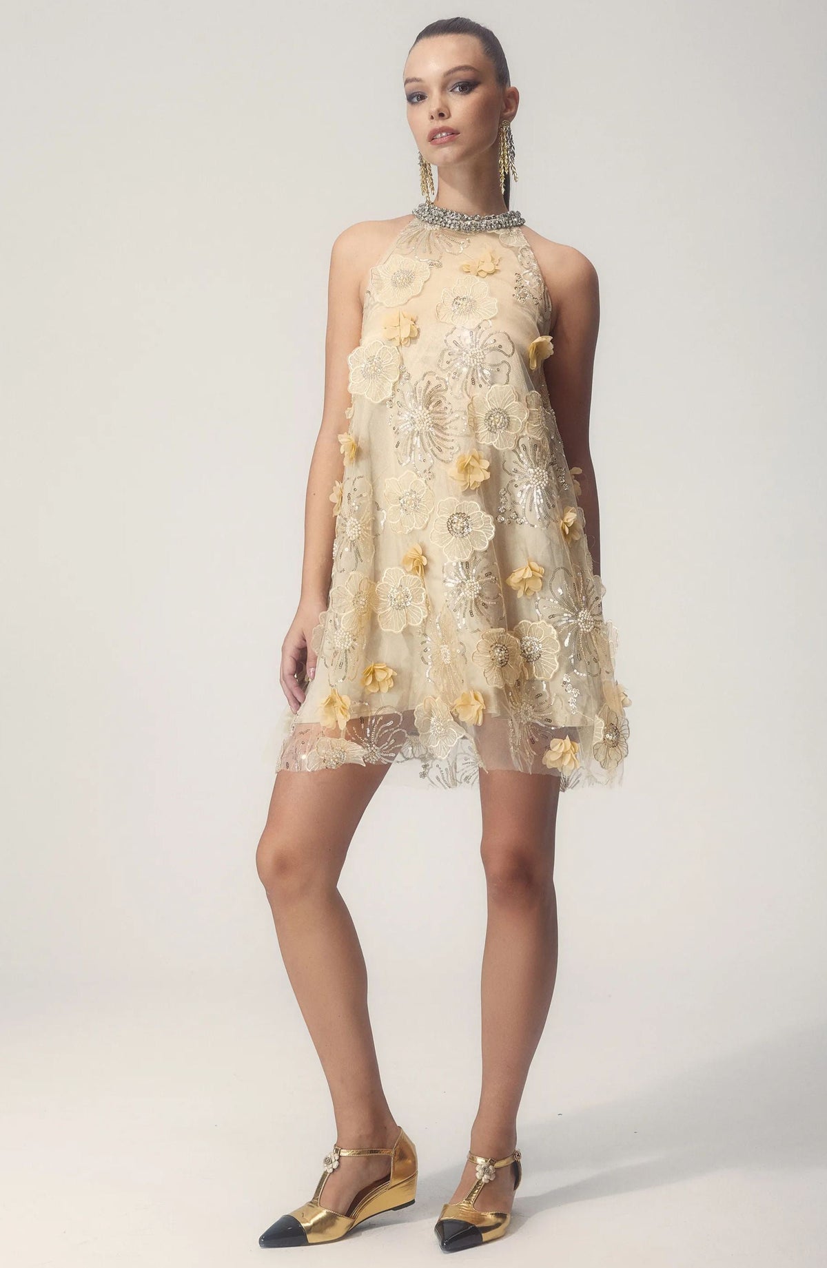 Ella Halter Flower Embroidered Sequins Mini-Length Dress