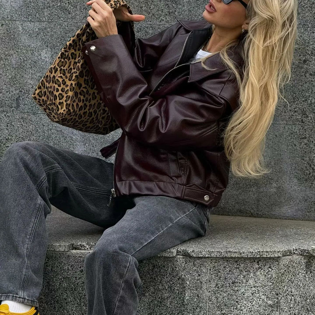 Faux Leather Jacket with Lapel Collar and Zipper
