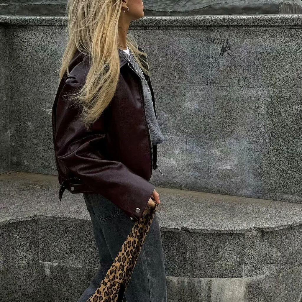 Faux Leather Jacket with Lapel Collar and Zipper