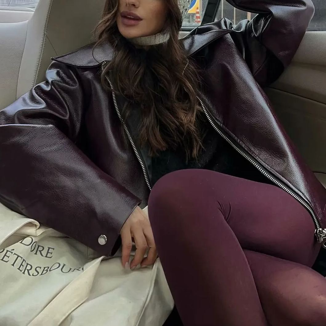 Faux Leather Jacket with Lapel Collar and Zipper