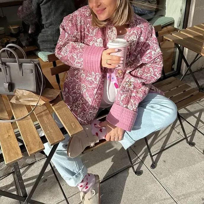 Quilted Jacket with Fitted Cut, Floral Print and Button Closure