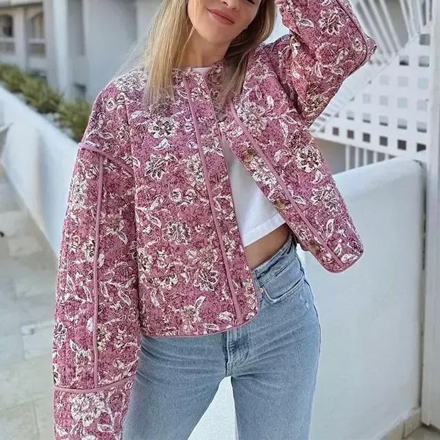 Quilted Jacket with Fitted Cut, Floral Print and Button Closure