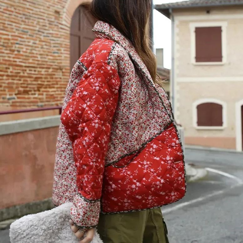 Quilted Jacket with Floral Print and Ethnic Print in Quilted Design