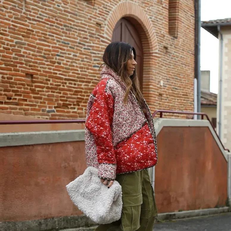 Quilted Jacket with Floral Print and Ethnic Print in Quilted Design