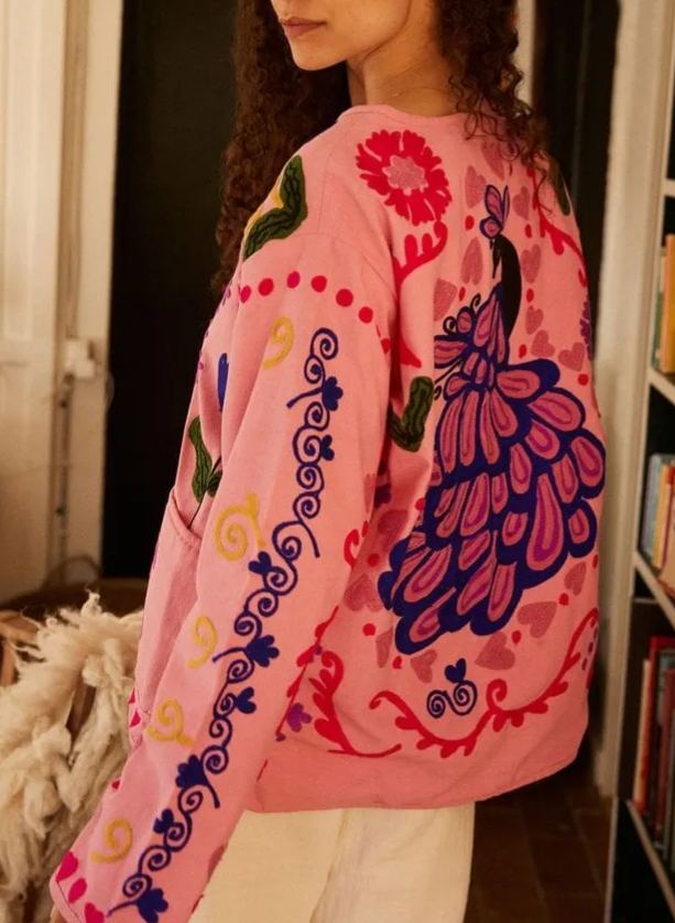 Denim Jacket with Graffiti Print and Pockets