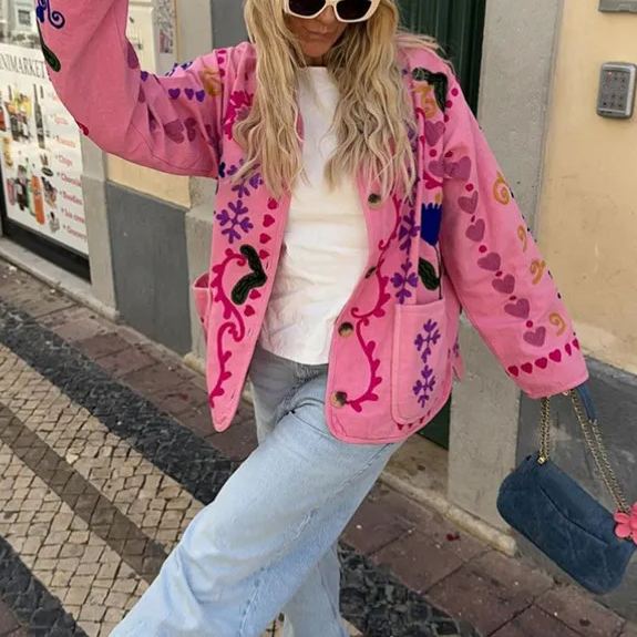 Denim Jacket with Graffiti Print and Pockets
