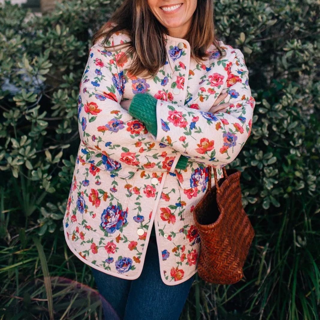 Denim Jacket with Floral Print, Pockets and Relaxed Fit