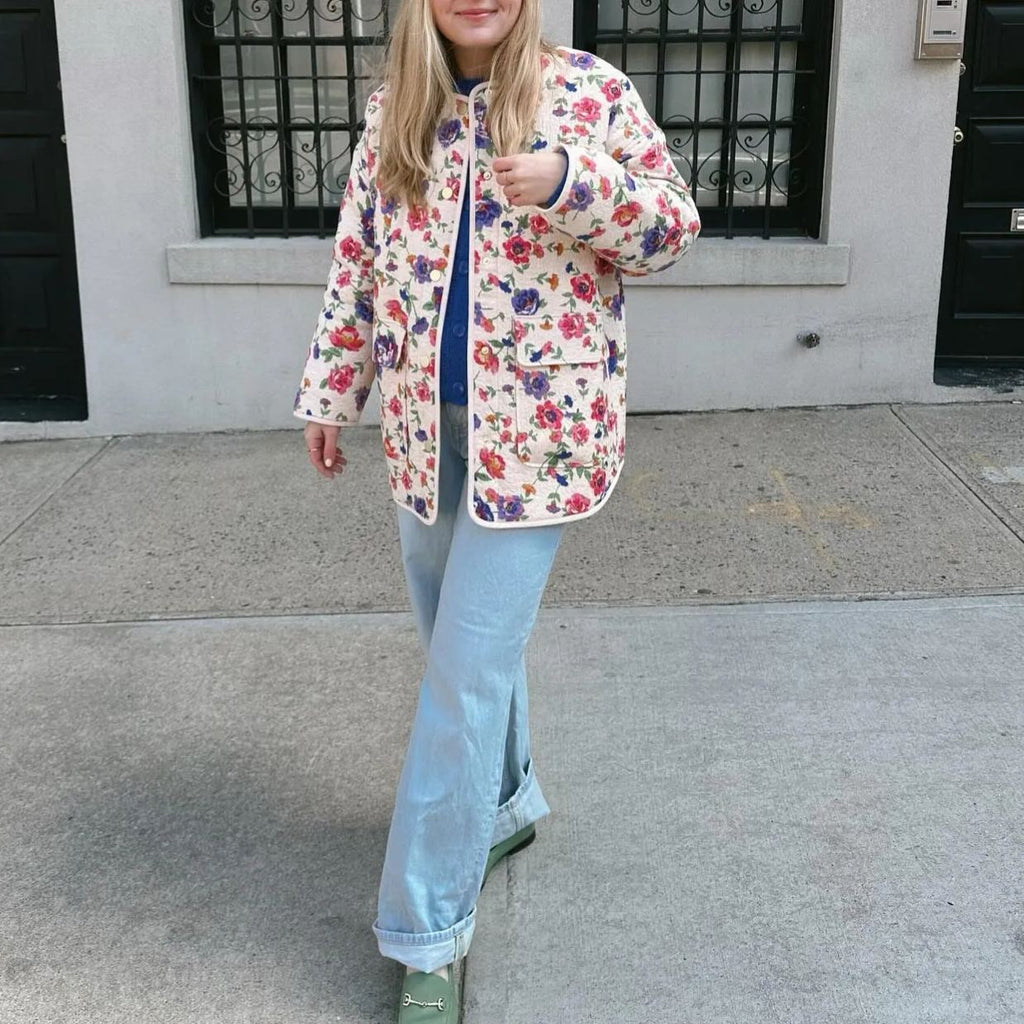 Denim Jacket with Floral Print, Pockets and Relaxed Fit