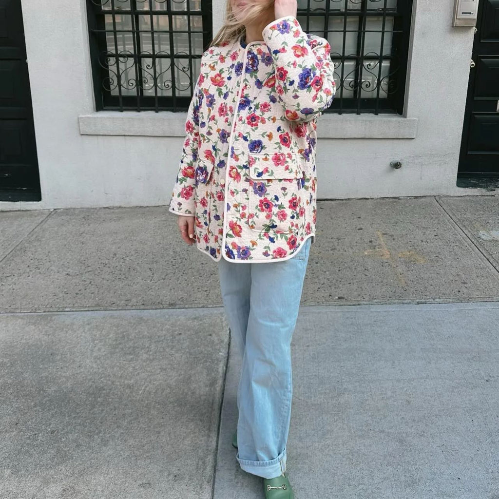 Denim Jacket with Floral Print, Pockets and Relaxed Fit