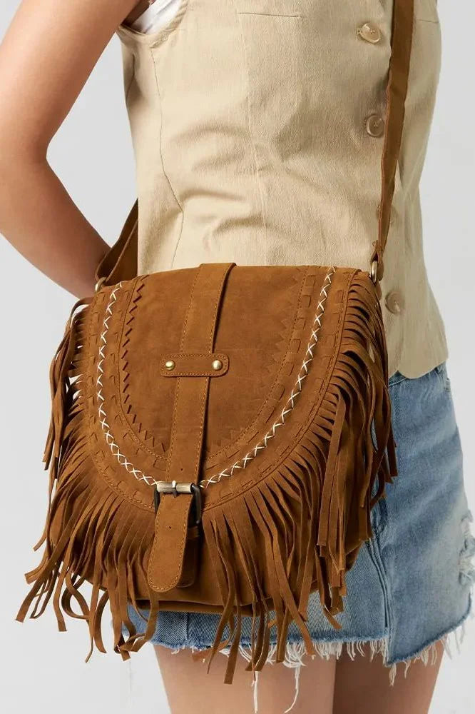 Modern Brown Western Cowboy Style Fringe Crossbody Bag