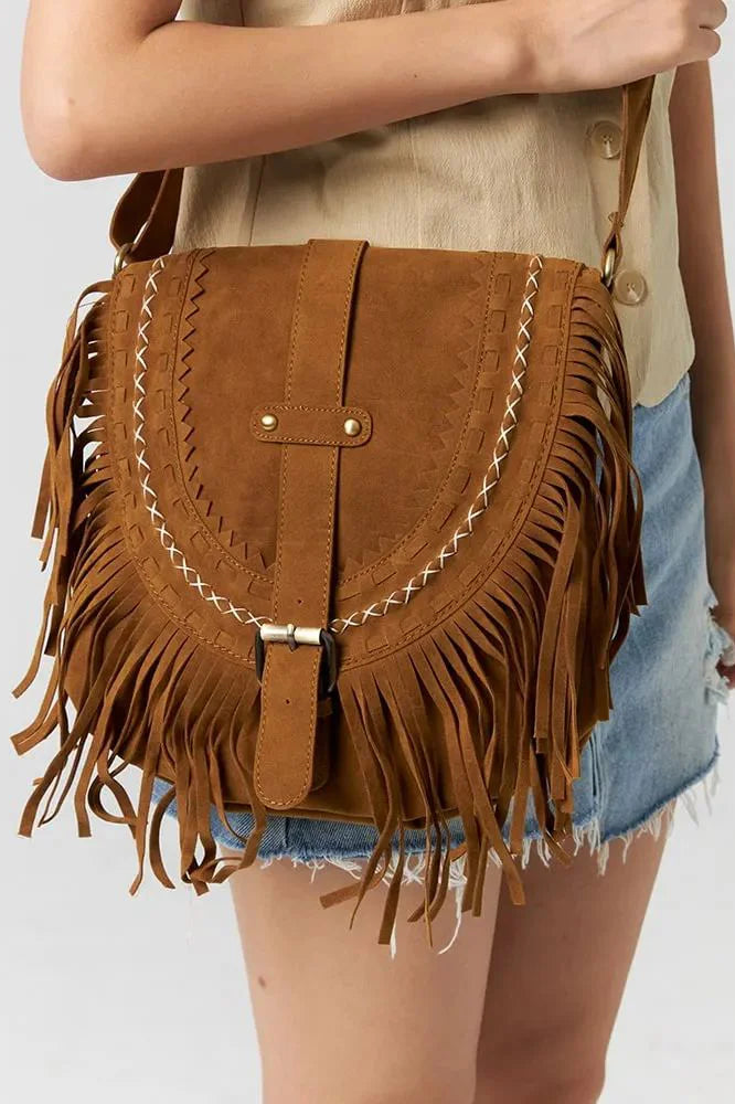 Modern Brown Western Cowboy Style Fringe Crossbody Bag