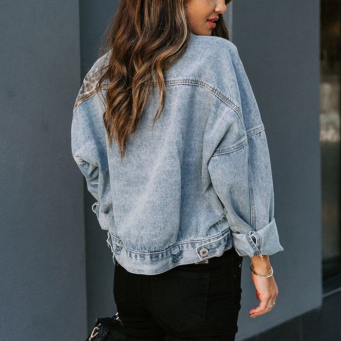 Lightweight Denim Jacket with Leopard Print and Patchwork