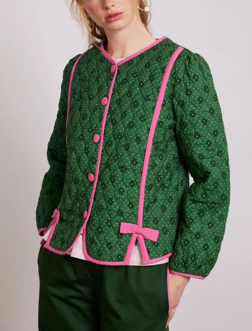 Quilted Jacket with Floral Print and Pink Bows