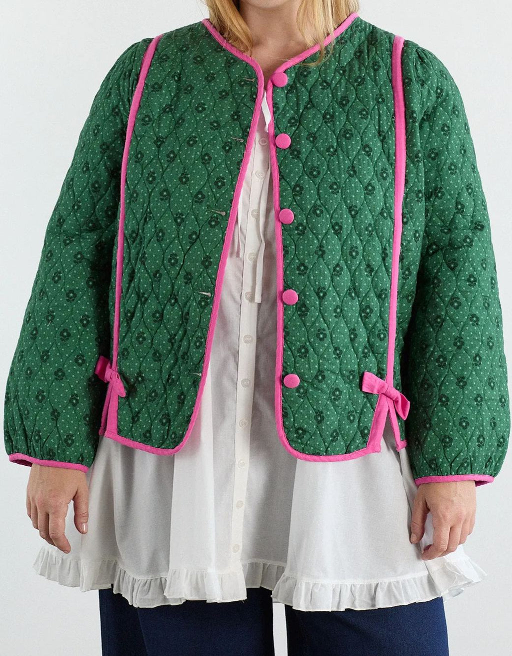 Quilted Jacket with Floral Print and Pink Bows