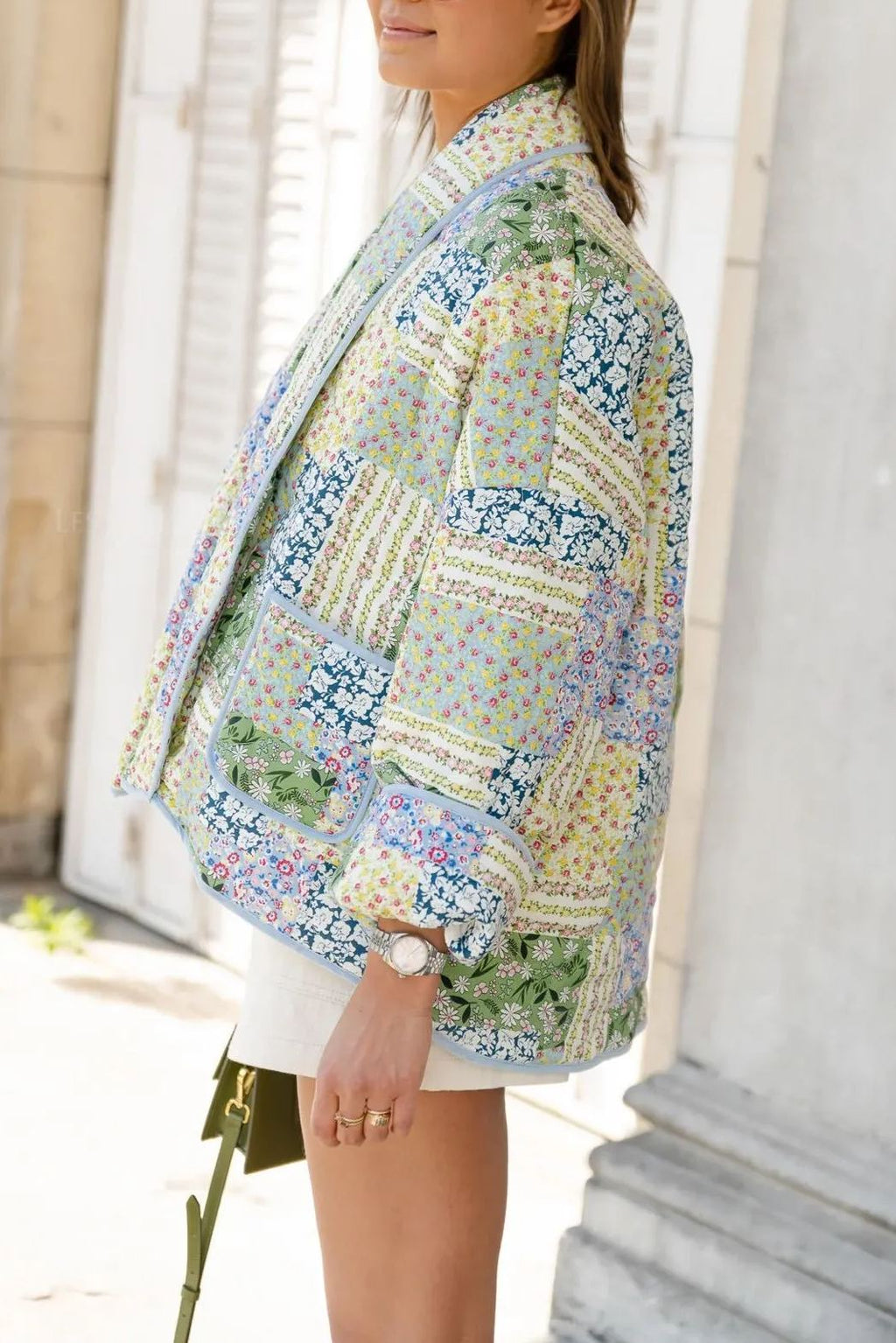 Jacket with Floral Print, Patchwork and Pockets