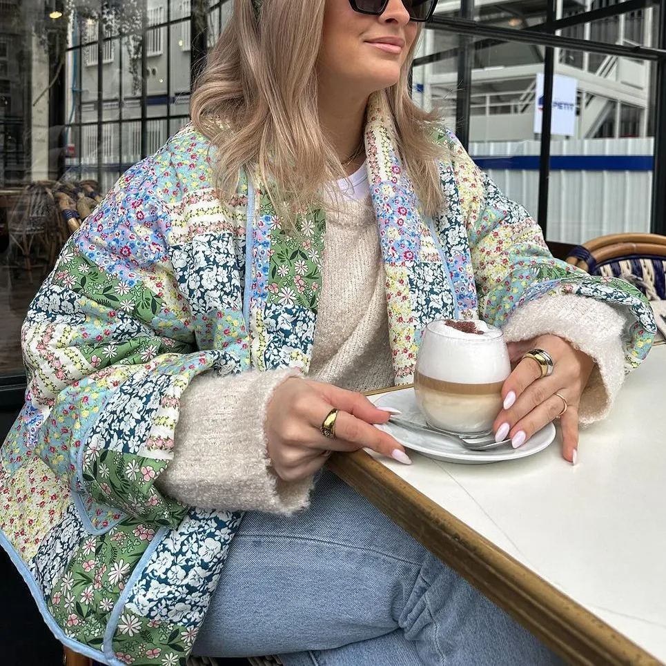 Jacket with Floral Print, Patchwork and Pockets