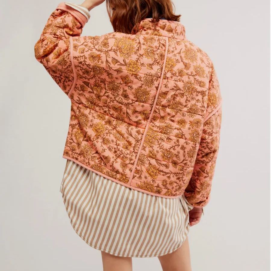 Jacket with Floral Print, Patchwork and Stand Collar