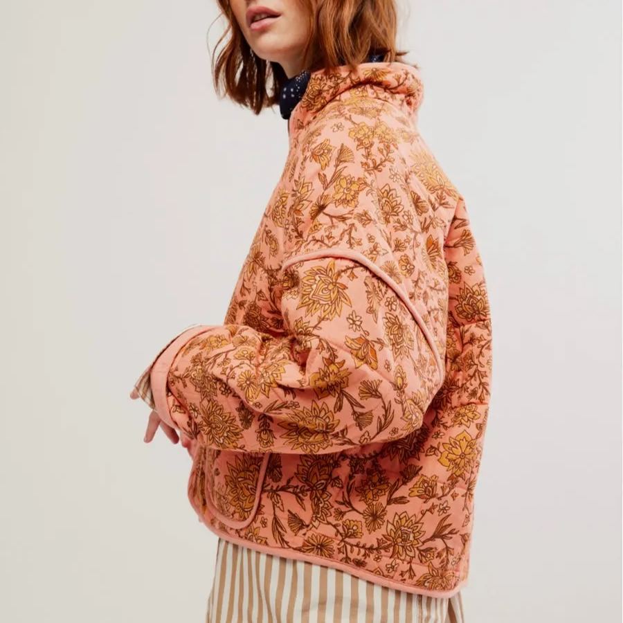 Jacket with Floral Print, Patchwork and Stand Collar