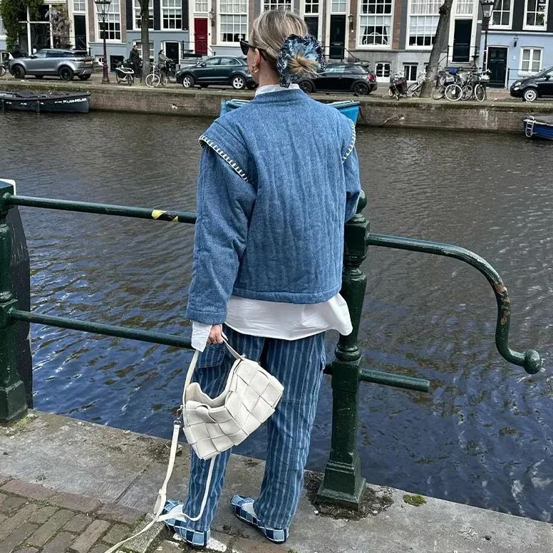 Denim Jacket with Floral Embroidery and Stand Collar