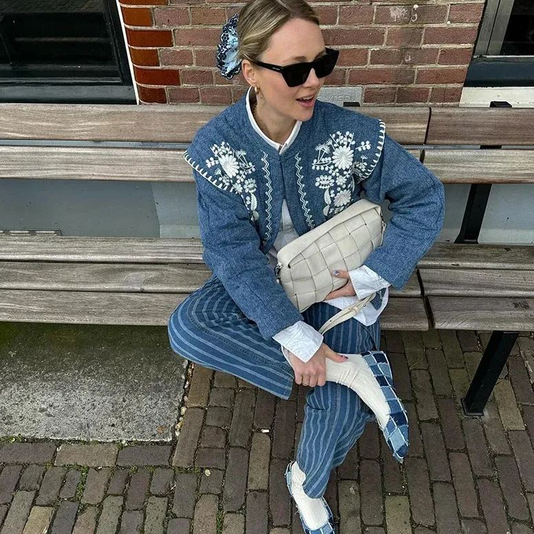 Denim Jacket with Floral Embroidery and Stand Collar