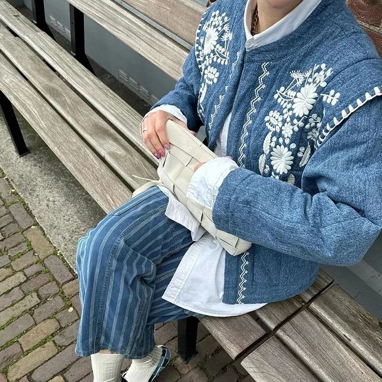Denim Jacket with Floral Embroidery and Stand Collar