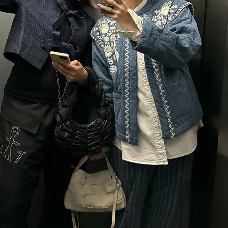 Denim Jacket with Floral Embroidery and Stand Collar