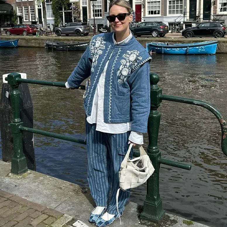 Denim Jacket with Floral Embroidery and Stand Collar