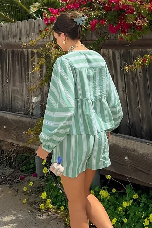 Coordinated Lantern Sleeve Stripe Shirt Shorts Set