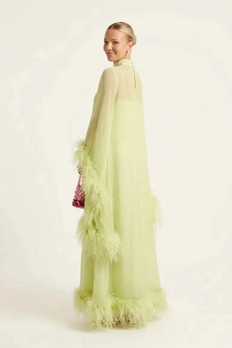 Lime Green Sheer Feather Cape Maxi-Length Dress