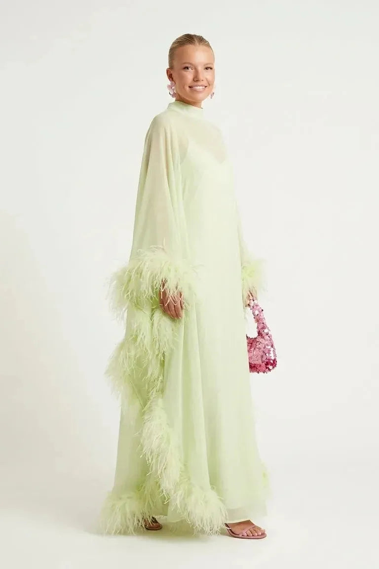 Lime Green Sheer Feather Cape Maxi-Length Dress