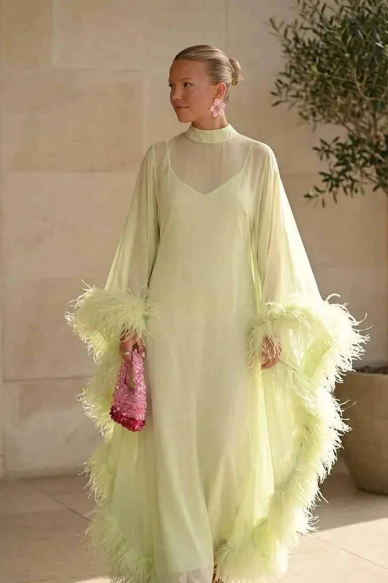 Lime Green Sheer Feather Cape Maxi-Length Dress