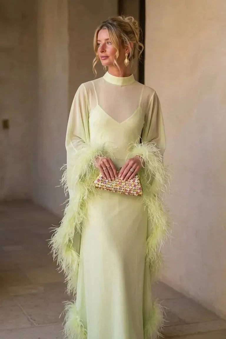 Lime Green Sheer Feather Cape Maxi-Length Dress