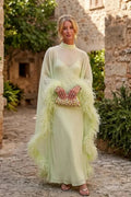 Lime Green Sheer Feather Cape Maxi-Length Dress