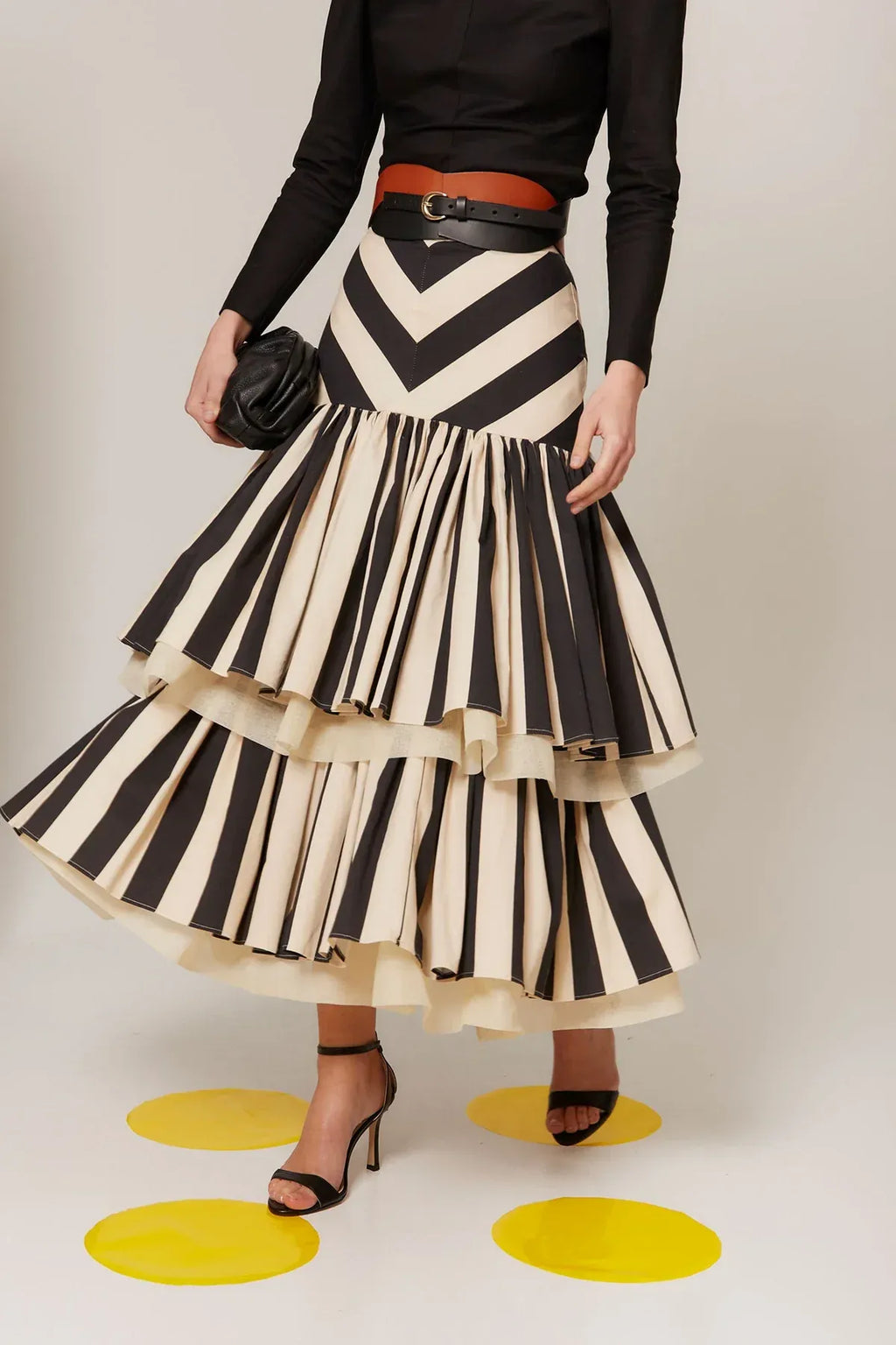 Black Cream Striped Tiered Ruffled Midi Skirt
