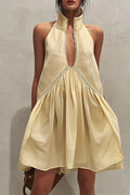 Lace Trim Stand Collar Mini-Length Dress