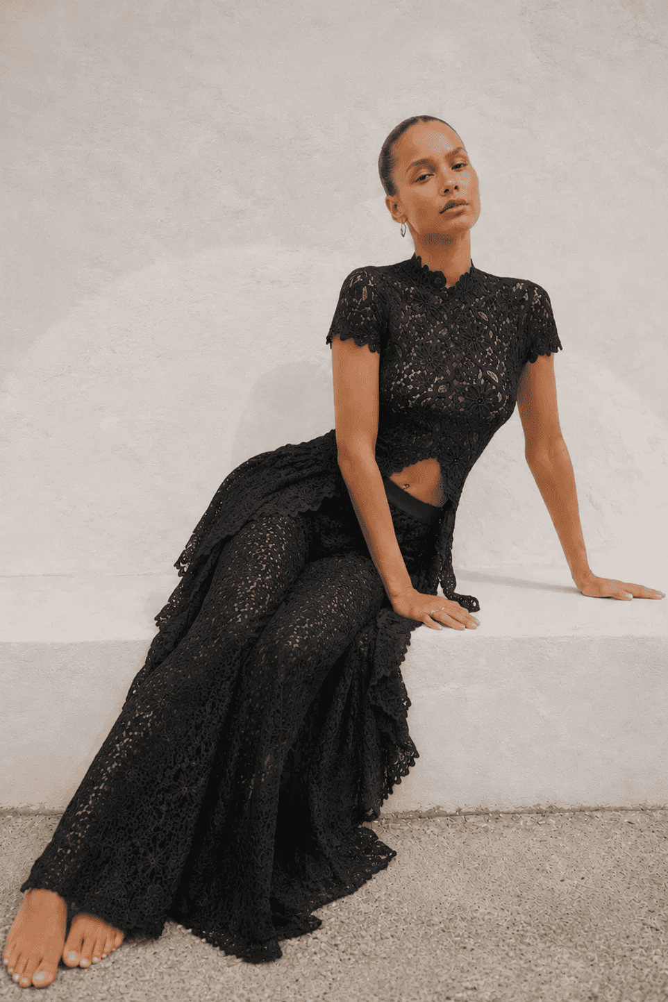 Black Waist Lace Wide-Leg Trousers