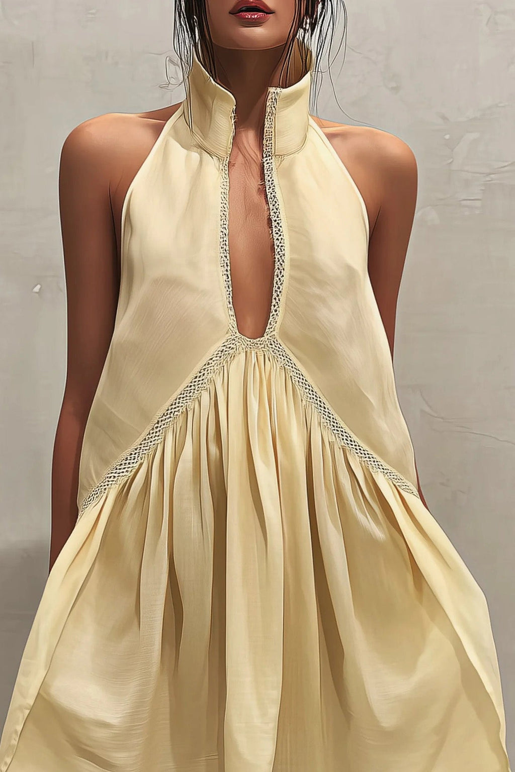 Lace Trim Stand Collar Mini-Length Dress