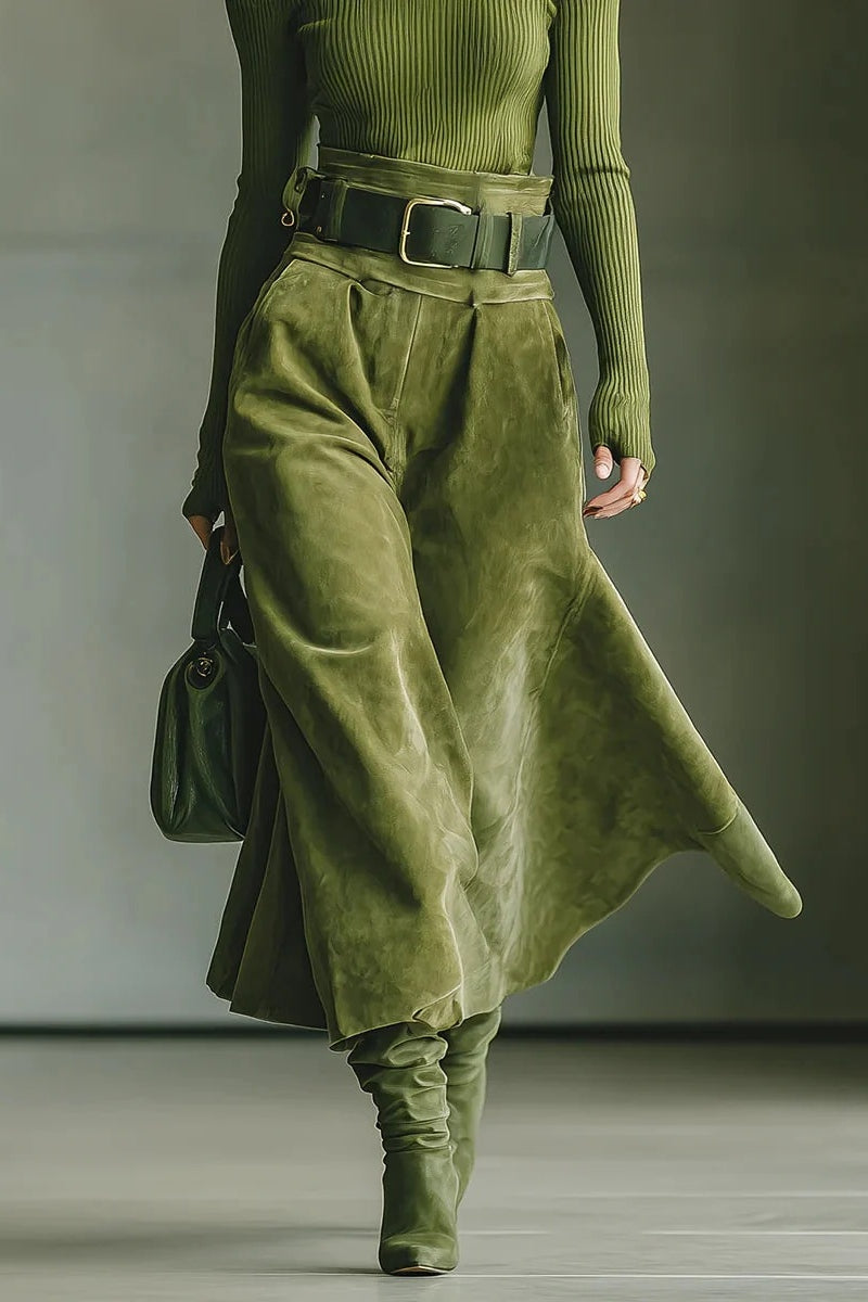 Coordinated Olive green off-shoulder top and faux suede skirt set(Includes belt)
