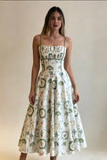 Green Botanical Print Smocked Midi-Length Dress