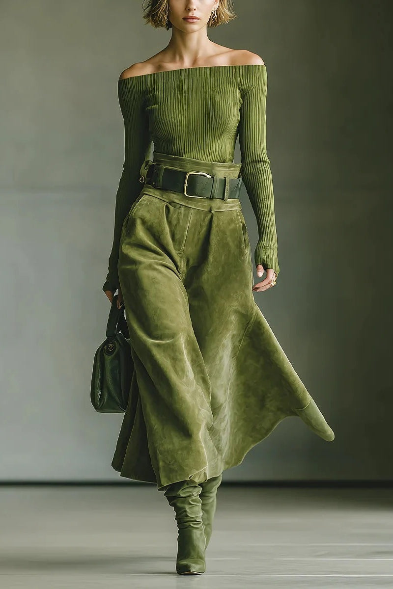Coordinated Olive green off-shoulder top and faux suede skirt set(Includes belt)