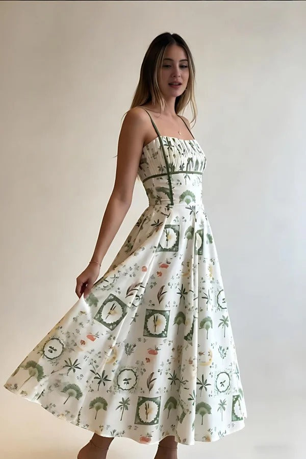 Green Botanical Print Smocked Midi-Length Dress