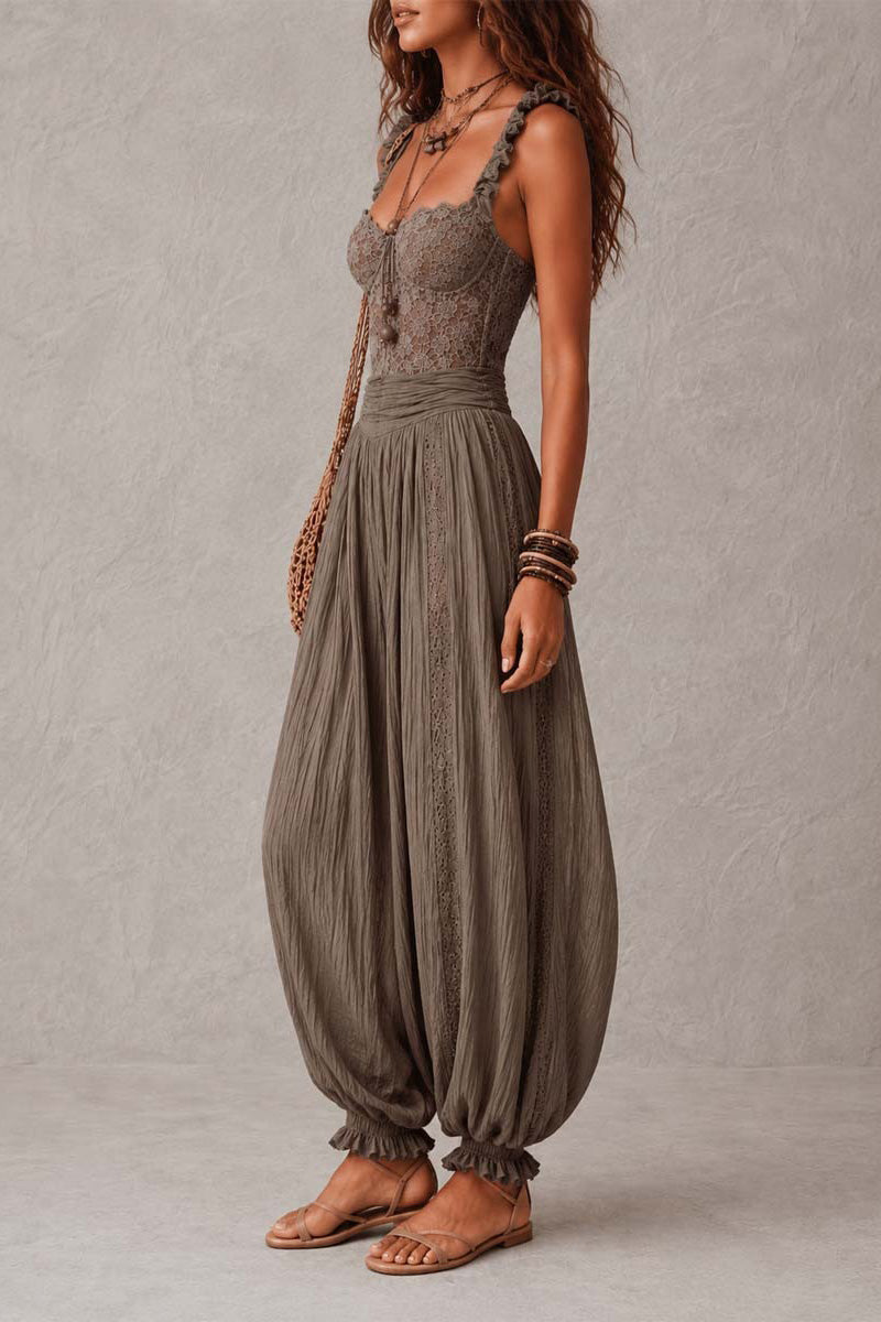 Gray Lace Bandeau and Pleated Cotton Harem Trousers Set
