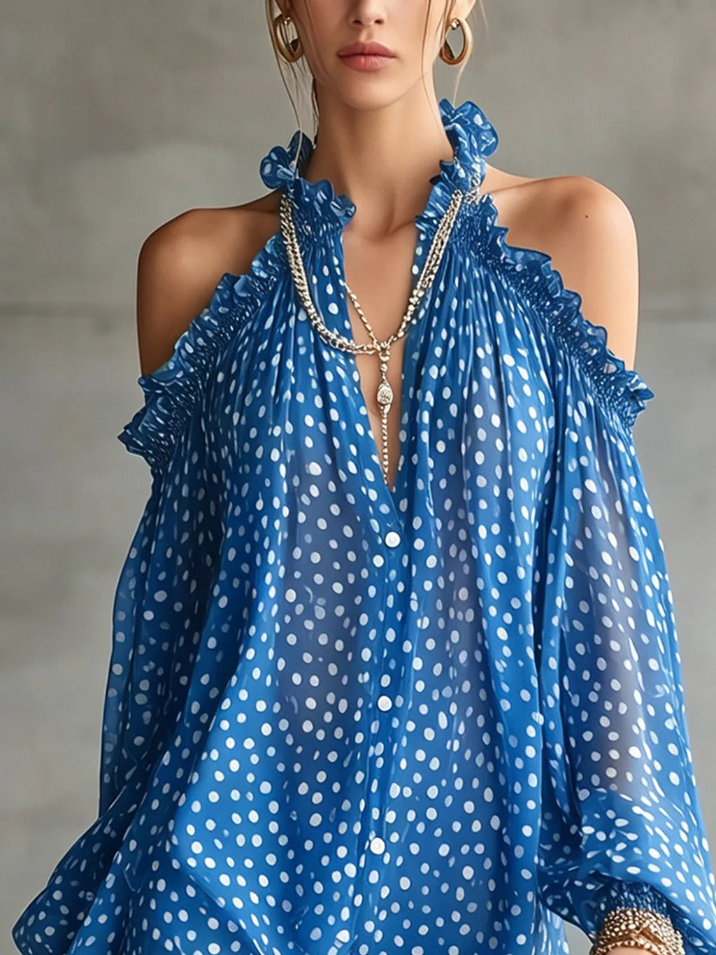 Green Polka Dot Cold Shoulder Mini-Length Dress With Ruffled Neckline