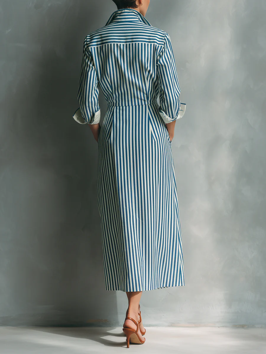Modern Blue And White Cotton Blend Striped Shirt Dress With Red Chest Pocket