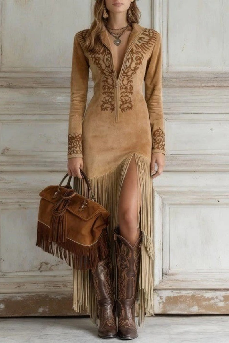Western Half-Zip Embroidered Faux Suede Fringe Maxi-Length Dress