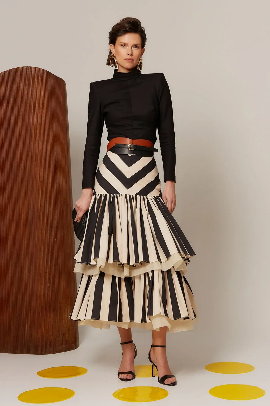 Black Cream Striped Tiered Ruffled Midi Skirt