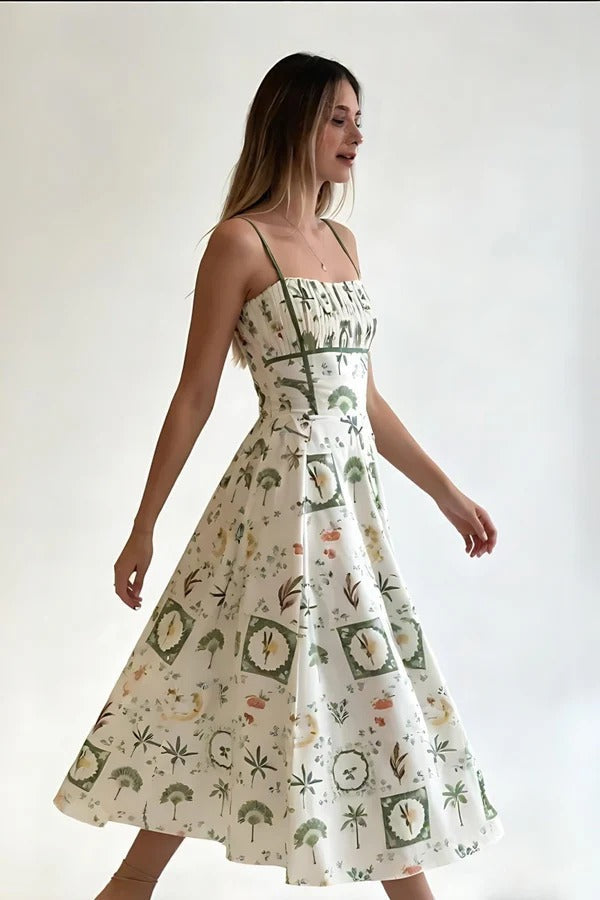 Green Botanical Print Smocked Midi-Length Dress