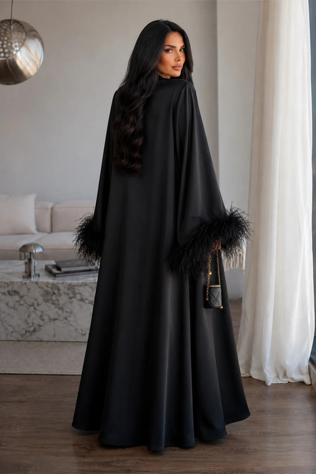 Feather Cuff Draped Collar Loose Maxi-Length Dress